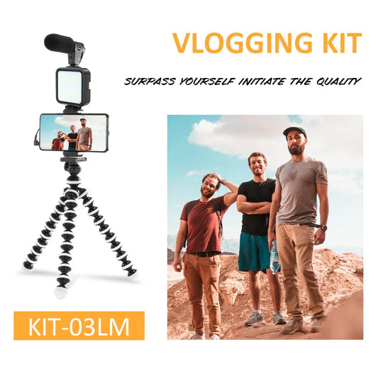 Vlogging Kit with Tripod, LED Light and Mic مجموعة أدوات تسجيل الفيديو مع حامل ثلاثي القوائم وإضاءة LED وميكروفون